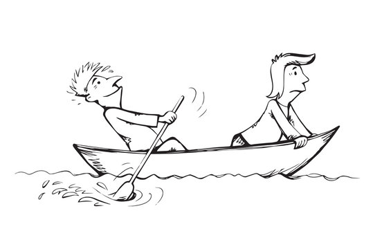 Men are swimming in boat. Vector drawing