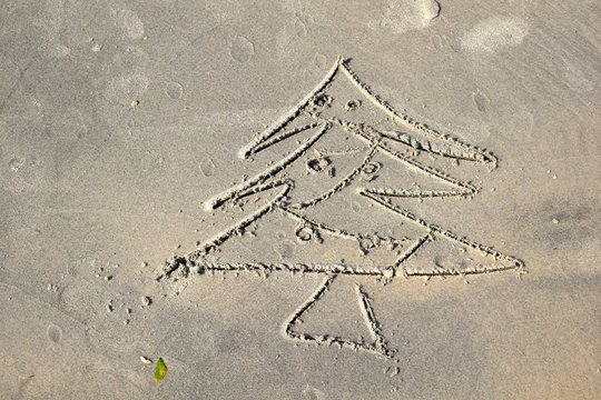 New year in the tropics. Christmas tree on the sand. Painted tree on the beach. New year holidays in a hot country.
