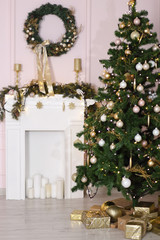 Beautiful holdiay decorated room with Christmas tree