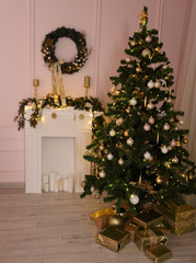 Beautiful holdiay decorated room with Christmas tree