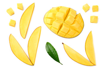 mango with slices and green leaves isolated on white background. healthy food. top view