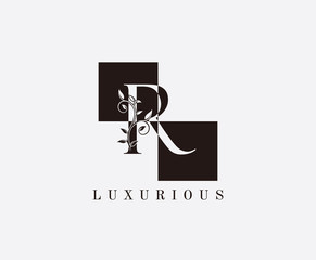 R Letter Luxury Vintage Logo. Minimalist R With Classic Leaves and Suquare Shape design perfect for fashion, Jewelry, Beauty Salon, Cosmetics, Spa, Hotel and Restaurant Logo. 