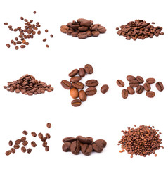 collage of Coffee beans isolated on a white background area for copy space.