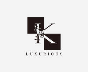 K Letter Luxury Vintage Logo. Minimalist K With Classic Leaves and Suquare Shape design perfect for fashion, Jewelry, Beauty Salon, Cosmetics, Spa, Hotel and Restaurant Logo. 