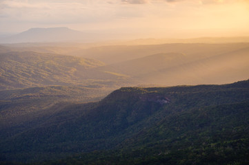 Obraz premium Sunset at Loei Province, Phu Kradueng National Park Thailand. Landscape view from mountain.