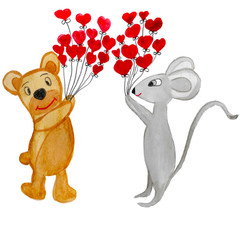 mouse and bear with balloons heart Valentine card