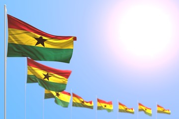 wonderful any feast flag 3d illustration. - many Ghana flags placed diagonal with selective focus and free place for content