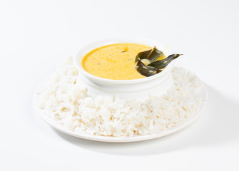 Indian Traditional Cuisine Kadhi Chawal Also Know as Curry Chawal, Yogurt Curry with Rice on White Background