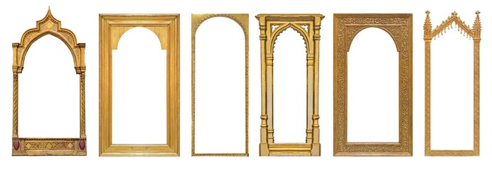 Set of panoramic golden gothic frame for paintings, mirrors or photos isolated on white background