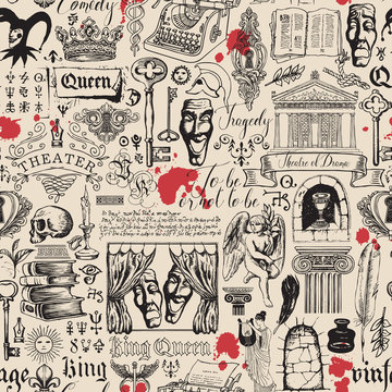 Vector abstract seamless pattern on the theme of theater and drama with black pencil drawings and red blots in vintage style. Suitable for Wallpaper, wrapping paper, background, fabric or textile
