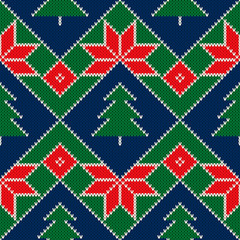 Winter Holiday Knitted Sweater Pattern Design. Christmas Trees and Christmas Stars Ornament. Vector Seamless Wool Knit Texture Imitation.