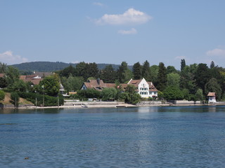 Fototapeta premium Rhine River landscape near european STEIN am RHEIN town in SWITZERLAND in swiss canton of Schaffhausen