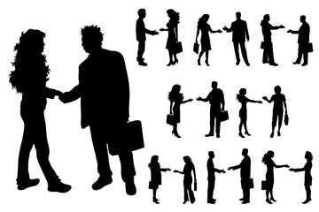 Vector silhouette of collection of businesspeople on white background. Symbol of man, woman, people, business, work, manager, team, meet, handshake.