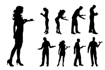 Vector silhouette of collection of waiter on white background. Symbol of man, woman, bar, restaurante, barman, work.