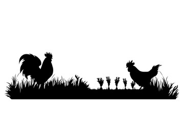 Vector silhouette of hen and rooster eat carrot on garden. Symbol of animal, field, farm, destroy, corp, pest. - obrazy, fototapety, plakaty