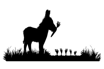 Vector silhouette of donkey eat carrot on garden. Symbol of animal, field, farm, destroy, corp, pest.