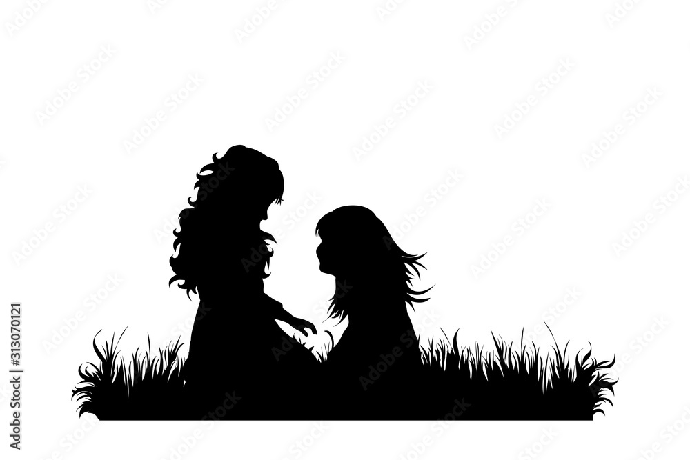 Poster Vector silhouette of siblings sitting in the grass on white background. Symbol of girl, sister, friends, family, infant, childhood, nature, park, garden.