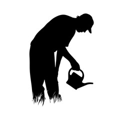 Vector silhouette of gardener works on garden. Symbol of man, old, grandfather, tool, work, people, field, farm, care.