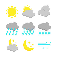 Obraz premium Weather forecast colorful icon set. 16 flat symbols isolated on white background. Vector illustration