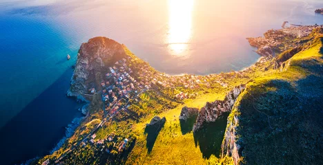 Fototapete Palermo View from flying drone. Unbelievable morning view of Zafferano cape. Spectacular spring seascape of Mediterranean sea, Sicily, Italy, Europe. Beauty of nature concept background..  © Andrew Mayovskyy