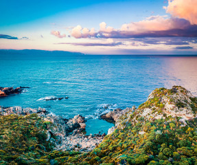 View from flying drone. Aerial morning view of Pool Of Venus. Colorful spring scene of Milazzo peninsula. Great sunrise on Sicily, Italy, Europe. Beauty of nature concept background. © Andrew Mayovskyy