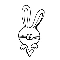 Hand drawn line art vector, cute little bunny and decorative heart on a white background isolated for use in design, doodle illustration, fashion, logo, postcard, cover