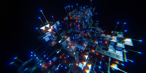 Abstract Concept of sci-fi construction of cubes or space station. 3D illustration