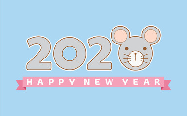 New Year 2020 card, Year of the rat, Zodiac sign, Blue card, wallpaper, poster, postcard, illustrator. Isolated vector illustration on blue background. Card design.