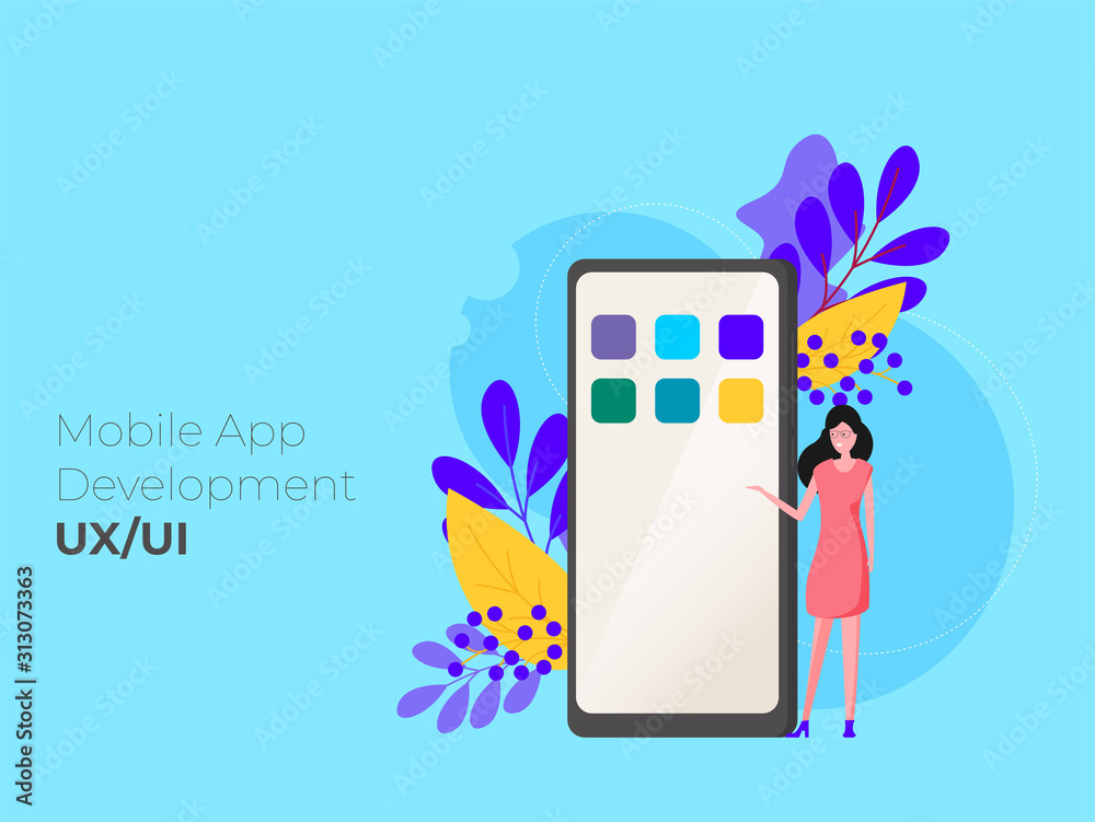 Poster mobile application development concept illustration with teamwork programmers and mobile phone