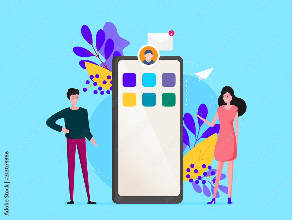 Poster mobile application development concept illustration with teamwork programmers and mobile phone