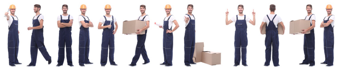 panoramic collage of skilled handyman isolated on white