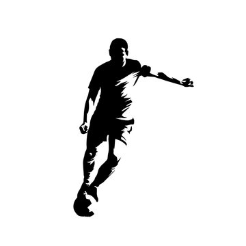 Soccer player kicking ball, front view ink drawing. Isolated vector silhouette