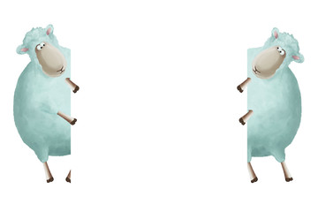 Two sheeps holding a frame. Universal card template. Empty blank, frame- border on white background © Julia