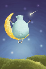 Cute sheep make a wish to falling star. Calm good night illustration