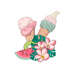 Arrangement Ice Cream Isolated On A White Background Hand Drawn Illustration	