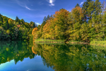 Reflection of the autumn forest in the lake. Mirror reflection of trees and sky in the lake. Autumn landscape.