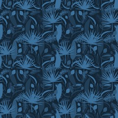 Seamless pattern with exotic flowers paradise Strelitzia and tropical leaves classic blue background. Vector tropical stock illustration.African plant flower. Design textile, wallpaper, wrapping paper