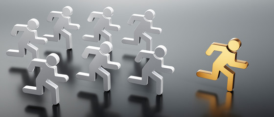 Obraz premium Running golden man icon with silver group - 3d illustration