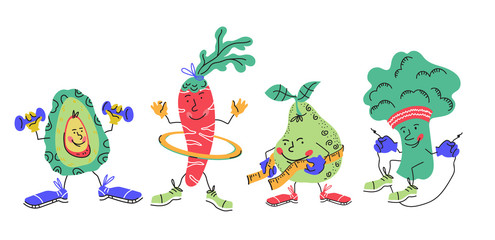Sportive vegetables and fruits - avocado, carrot, pear and broccoli cartoon characters doing workout exercises, vector illustration isolated. Fitness and healthy lifestyle, dieting and sports.