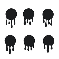Dripping oil blob. Drip drop paint or sauce stain drips. Black drippings sauces current round spots, ink paint leak or liquid chocolate vector isolated icons set