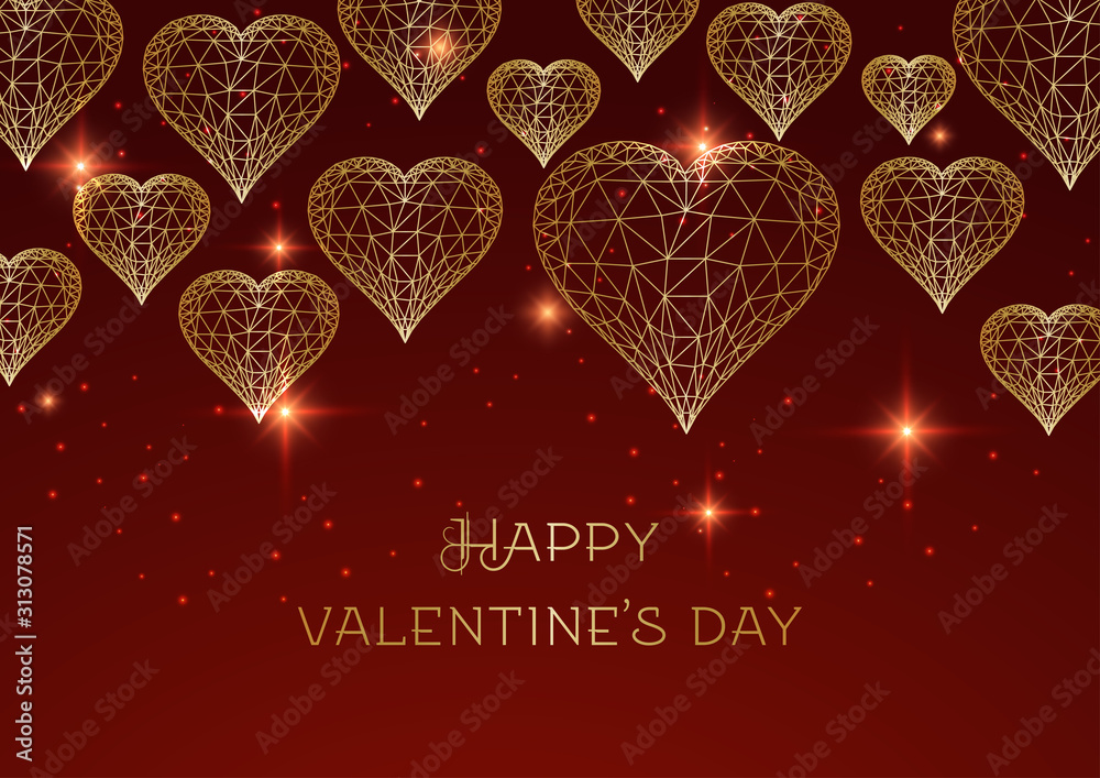 Wall mural happy valentines day banner with glowing low polygonal golden hearts on red background.