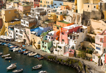 View of fishermen village of Procida seafront, Italy