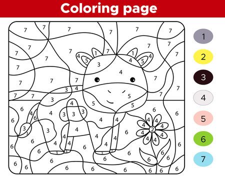 Number coloring page for children. Cute kawaii farm animal - cow. Educational game for preschool kids. Vector illustration.