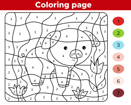 Educational coloring page by numbers. Cute kawaii farm character - pig with flower. Preschool worksheet activity page.