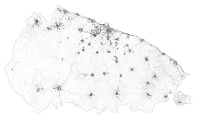 Satellite map of Province of Bari towns and roads, buildings and connecting roads of surrounding areas. Puglia region, Italy. Map roads, ring roads