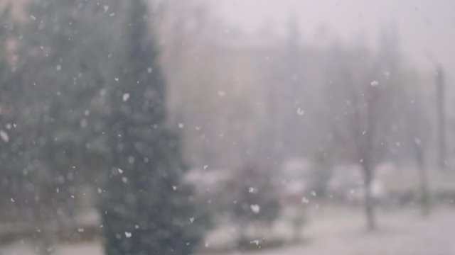 View of heavy snowfall during daytime through the window