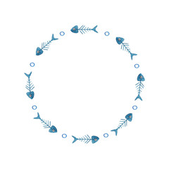 Round frame made of watercolor blue fish skeletons on a white background. Use for invitations, birthdays, menus