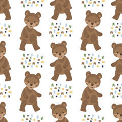 Cute bears on a white background . Animals and doodle elements. Vector Seamless pattern, hand-drawn vector illustration for fabric and other surfaces
