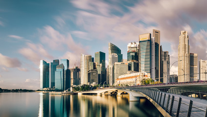 Merlion Central Business District, Singapore - Aug 2019 - CBD view Merlion from Marina By sunrise - obrazy, fototapety, plakaty