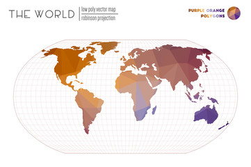 Abstract world map. Robinson projection of the world. Purple Orange colored polygons. Elegant vector illustration.